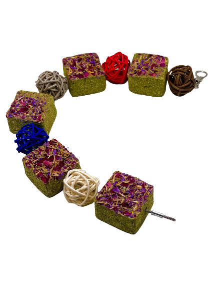 Timothy Hay Cube Cakes and Rattan Balls Hanging Chew Toy Treat