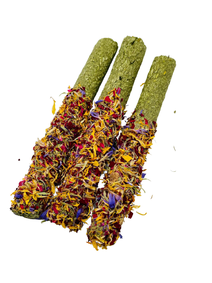 Floral Timothy Hay Sticks with Calendula, Rose & Myosotis Treat For Rabbits, Hamsters, Guinea Pigs, Chinchillas & Small Rodents