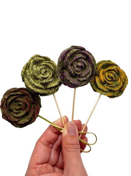 4 Pack Timothy Hay Rose Flower Lollipop with Bamboo Stick Treat for Rabbits, Hamsters, Guinea Pigs, Chinchillas and Small Rodents.
